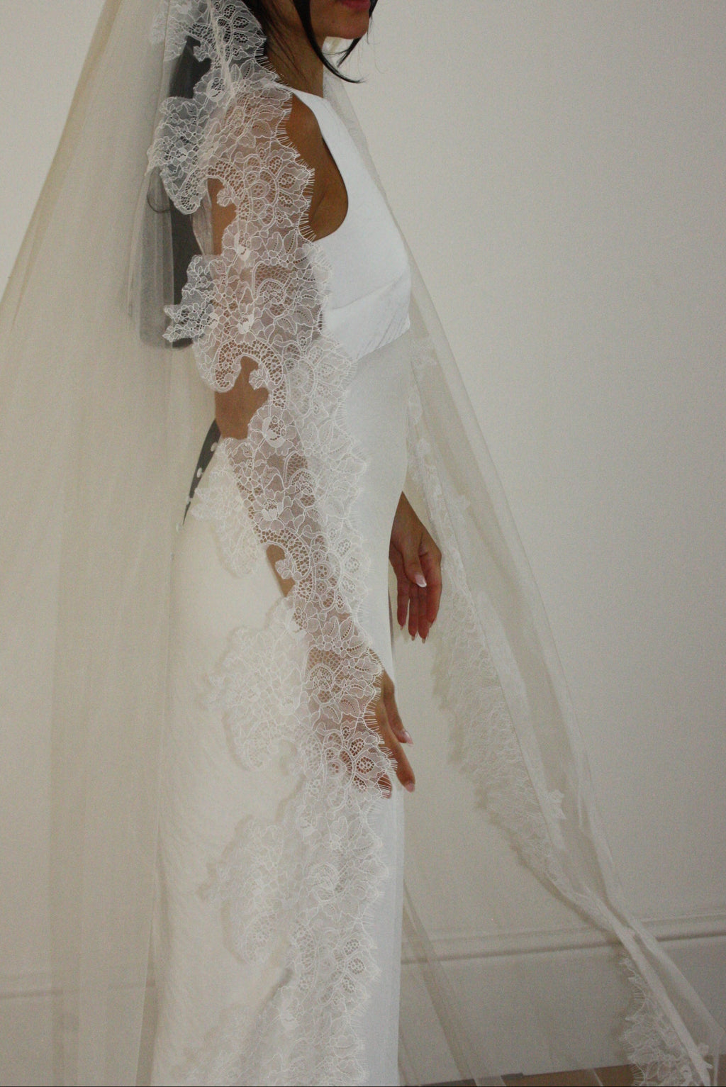 Cathedral-length wedding veil crafted from soft off-white tulle with an intricate Chantilly lace trim, ideal for brides wanting a romantic, elegant bridal accessory
