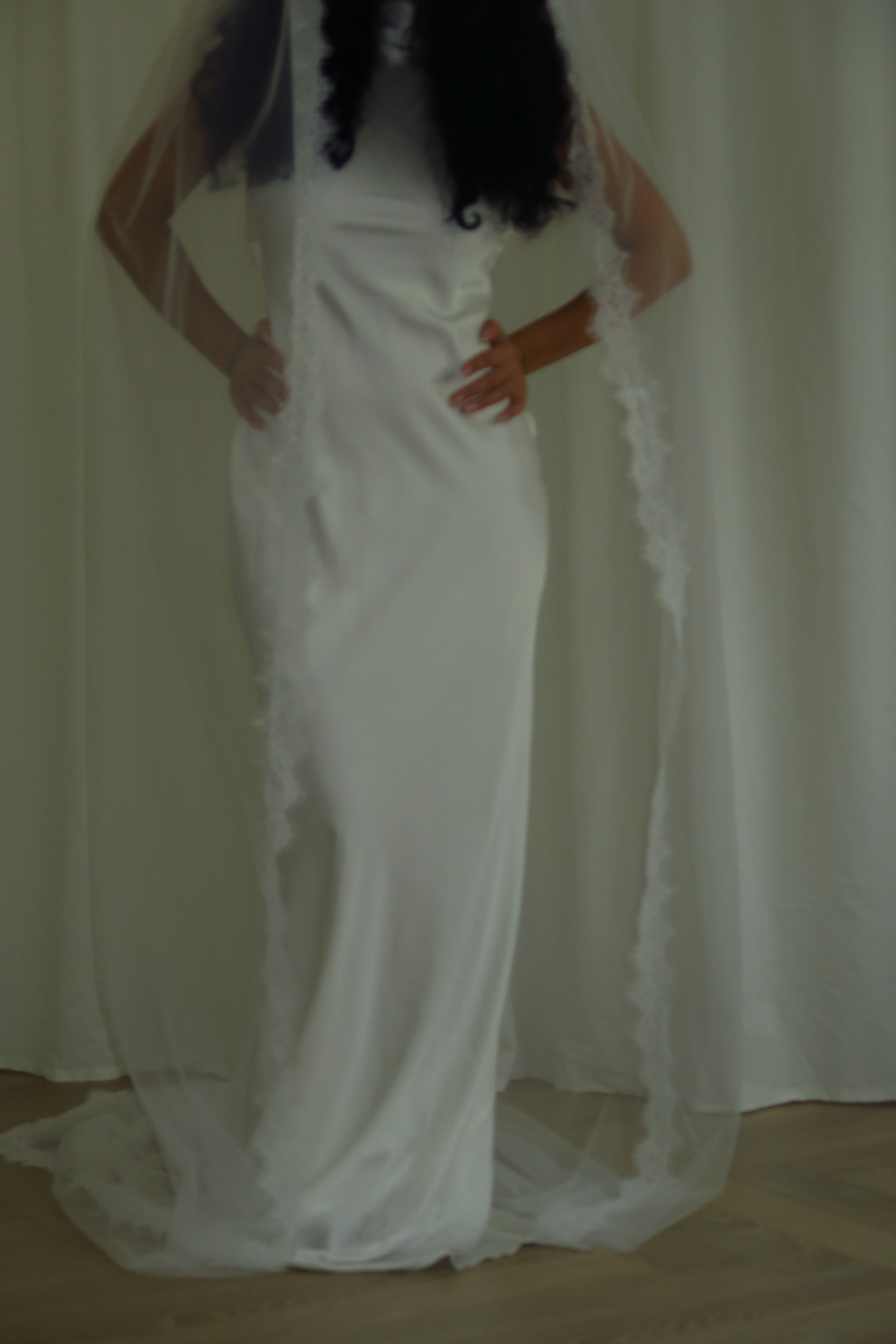 Single-tier vintage lace trim cathedral veil with a soft, cloak-like fall in lightweight tulle — romantic and ethereal bridal design.